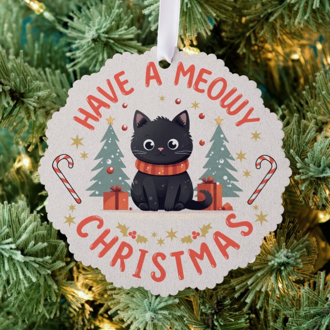 Cute Meowy Christmas Purrfect Black Cat Ornament Card (Insitu (Tree))