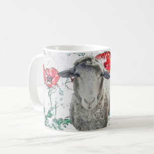Cute Merino Sheep Animal Red Poppy Flowers Coffee Mug