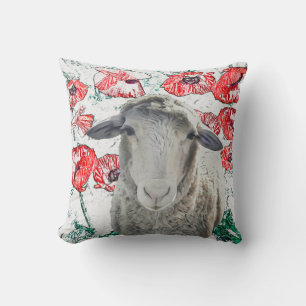 Cute Merino Sheep Animal Red Poppy Flowers Throw Pillow
