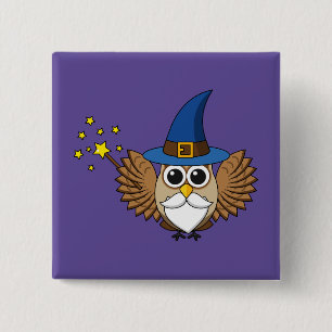 Cute Merlin the Wizard Owl Cartoon 2 Inch Square Button