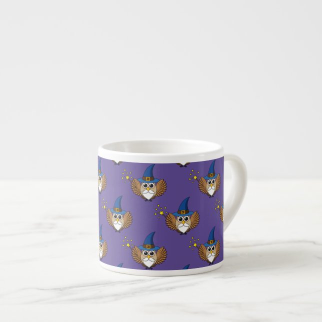 Cute Merlin the Wizard Owl Cartoon Espresso Cup (Front Right)