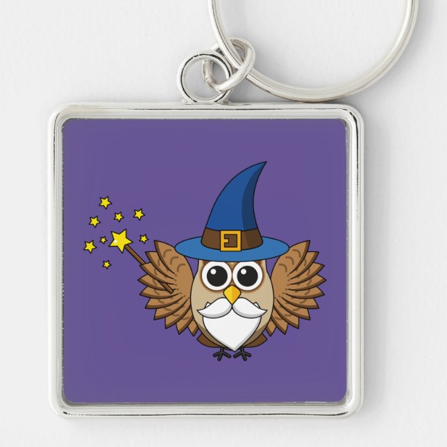 Cute Merlin the Wizard Owl Cartoon Keychain (Front)