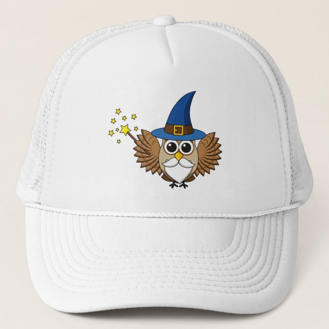 Cute Merlin the Wizard Owl Cartoon Trucker Hat (Front)