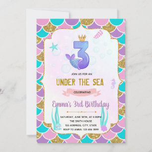 Cute mermaid 3rd birthday invitation