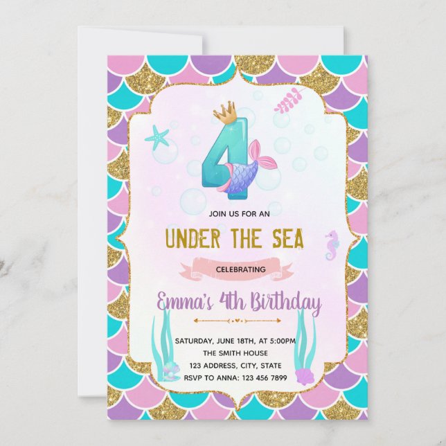 Cute mermaid 4th birthday  invitation (Front)