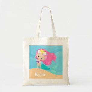 Cute mermaid add name girls beach tote bag