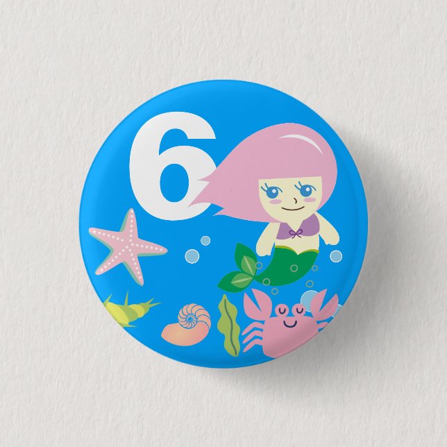 Cute Mermaid and Crab Kids Birthday Any Age 1 Inch Round Button (Front)
