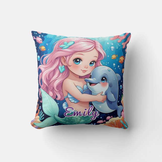 Cute Mermaid and Dolphin Square Pillow – Editable  (Front)