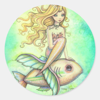 Cute Mermaid and Fish Fantasy Art Classic Round Sticker