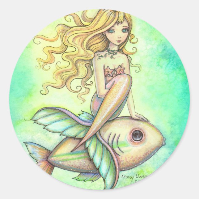 Cute Mermaid and Fish Fantasy Art Classic Round Sticker (Front)