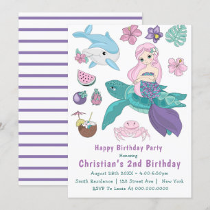 Cute Mermaid and Friends 2nd Birthday Invitations