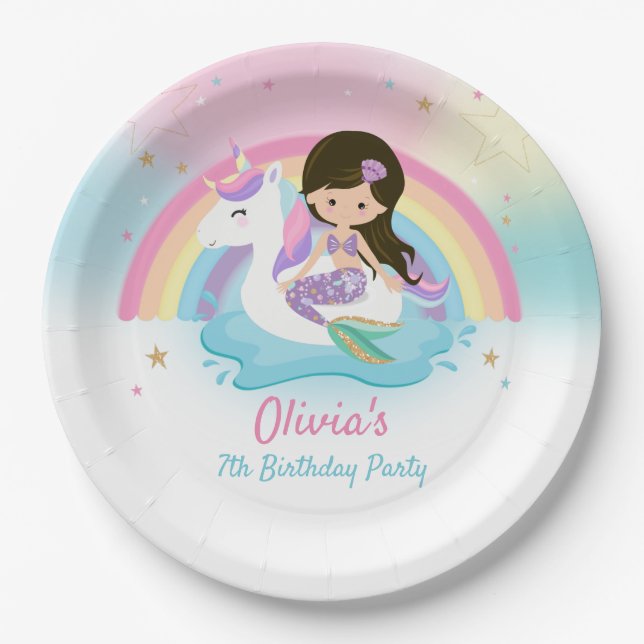 Cute Mermaid and Unicorn Pool Birthday Party  Paper Plate (Front)