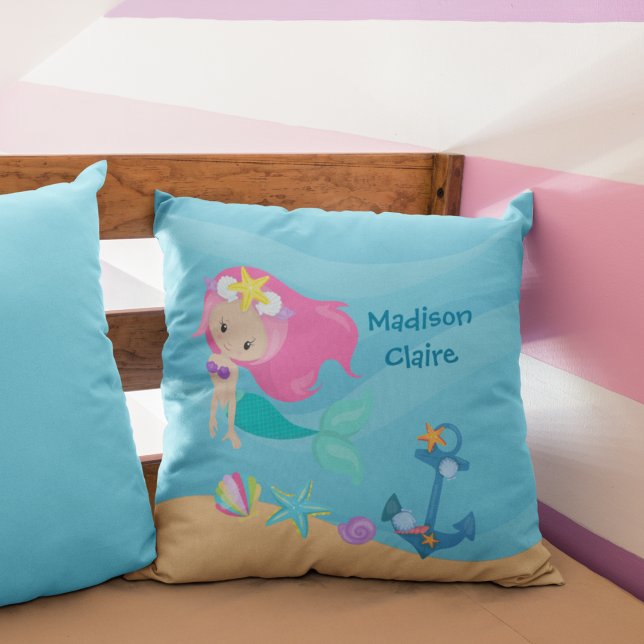Cute Mermaid Beach Girl Beach House Kids Room Throw Pillow (Creator Uploaded)