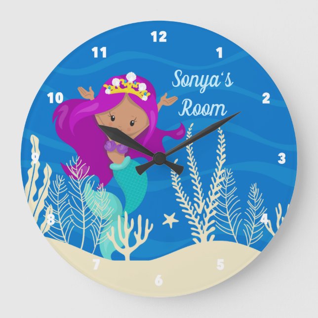 Cute Mermaid Beach Girl Ocean Blue Bedroom Large Clock (Front)