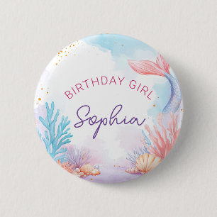 Cute Mermaid Birthday Girl Personalised Party  2 Inch Round Button