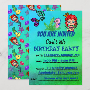 Cute Mermaid Birthday Party Ocean Invitation