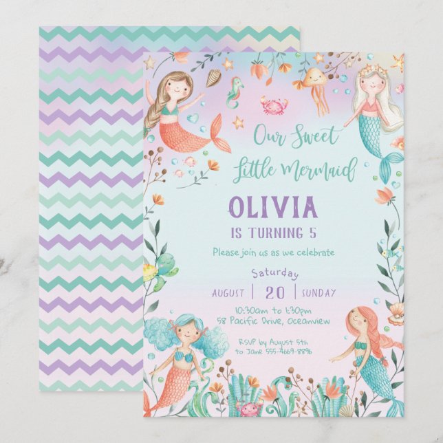Cute Mermaid Birthday Rainbow Under the Sea Invitation (Front/Back)