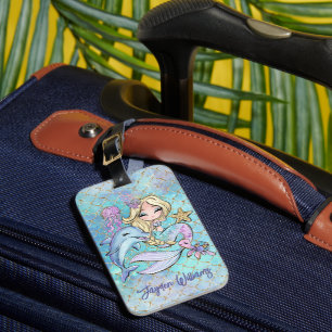 Cute Mermaid Blonde Girl Custom Name Kids Luggage Tag