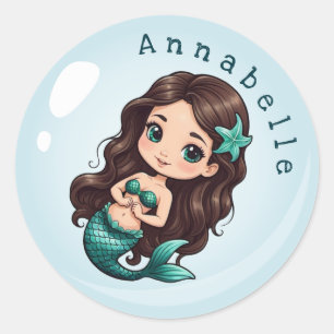 Cute Mermaid Brown Hair Green Eyes Personalize Classic Round Sticker