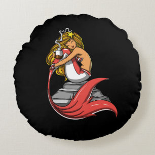 Cute Mermaid Coffee Drinking Lover Magical Ocean Round Pillow