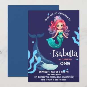 Cute Mermaid crown Rainbow whale Birthday party Invitation
