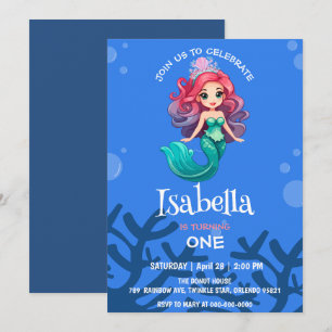 Cute Mermaid crown Rainbow whale Birthday party Invitation