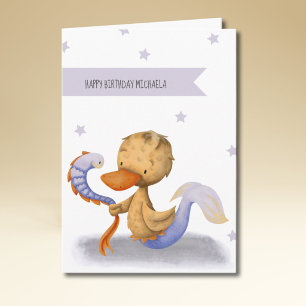 Cute Mermaid Duck with Eel Whimsical Birthday Card