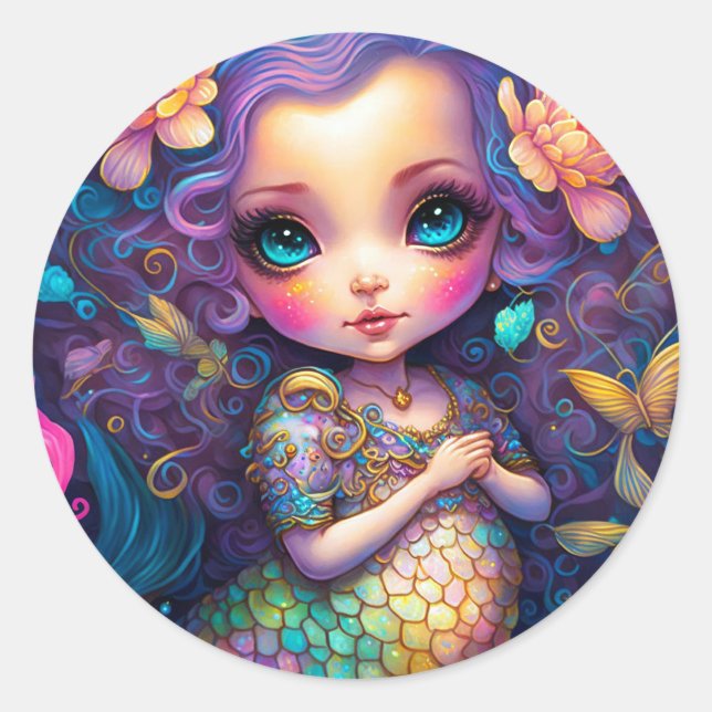 Cute Mermaid Fantasy Art Classic Round Sticker (Front)
