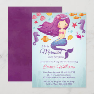 Cute Mermaid Girl Baby Shower Invitation - Purple