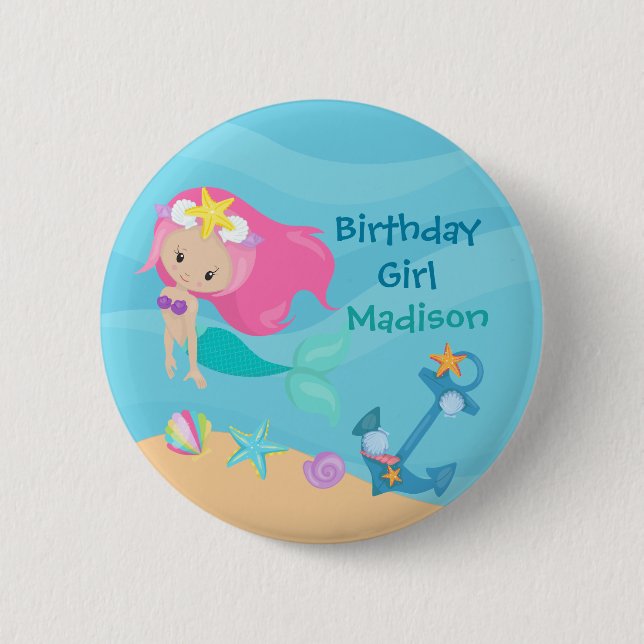 Cute Mermaid Girl Beach Birthday Party Custom 2 Inch Round Button (Front)