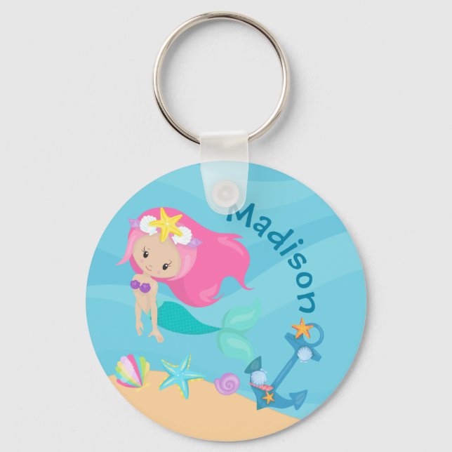 Cute Mermaid Girl Beach Birthday Party Custom Keychain (Front)