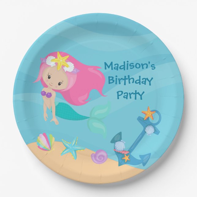 Cute Mermaid Girl Beach Custom Kid Birthday Party Paper Plate (Front)