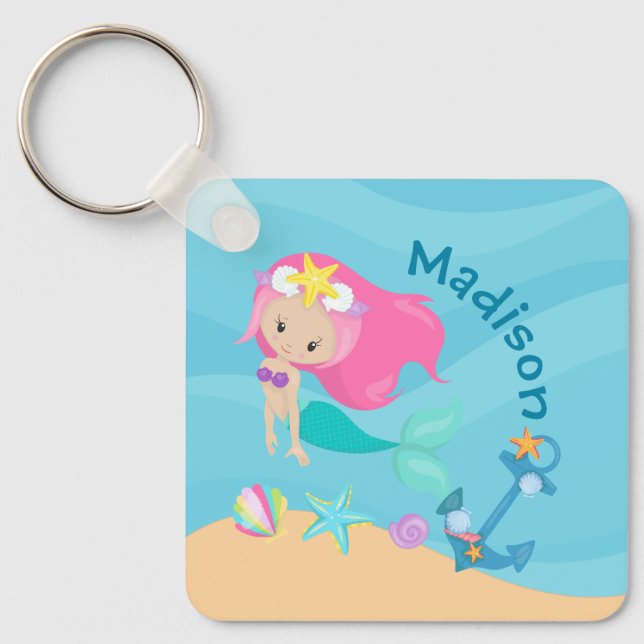 Cute Mermaid Girl Beach Custom Kids Keychain (Front)