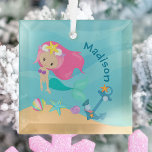 Cute Mermaid Girl Beach Personalized Christmas Glass Ornament<br><div class="desc">Cute custom mermaid Christmas ornament gift that features an adorable pink haired girl with a cool teal tail swimming next to beautiful seashells in the ocean. Cool  present for a beach girl who loves to swim.</div>