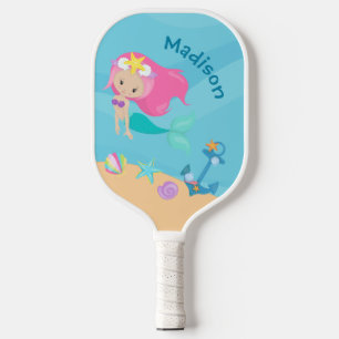 Cute Mermaid Girl Beach Personalized Kids Seaside Pickleball Paddle