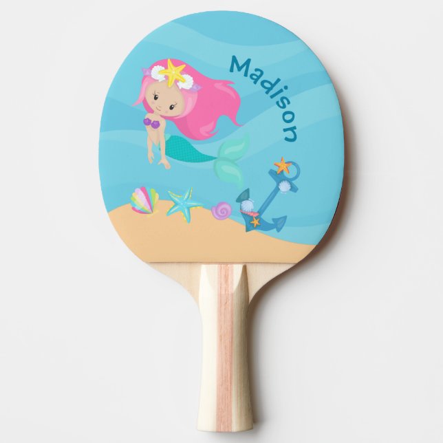Cute Mermaid Girl Beach Personalized Kids Summer Ping Pong Paddle (Front)