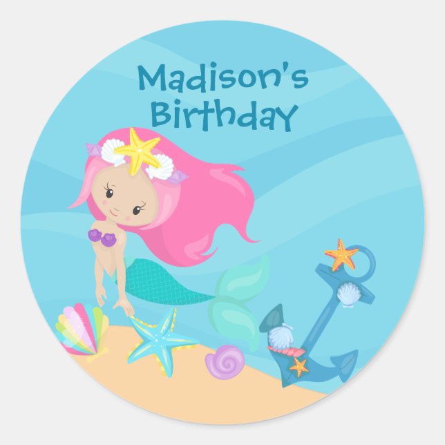 Cute Mermaid Girl Custom Beach Birthday Party Classic Round Sticker (Front)