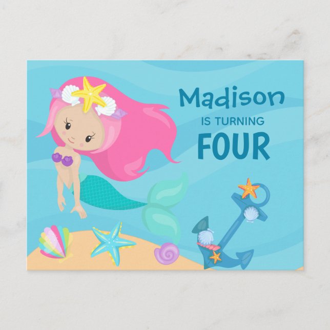 Cute Mermaid Girl Custom Birthday Party Invitation (Devant)
