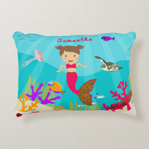 Cute Mermaid Girl in Colourful Ocean Accent Pillow
