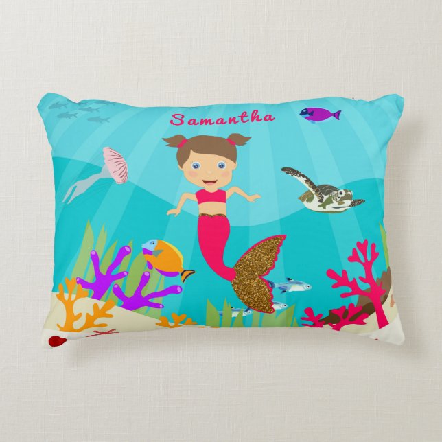 Cute Mermaid Girl in Colourful Ocean Accent Pillow (Front)