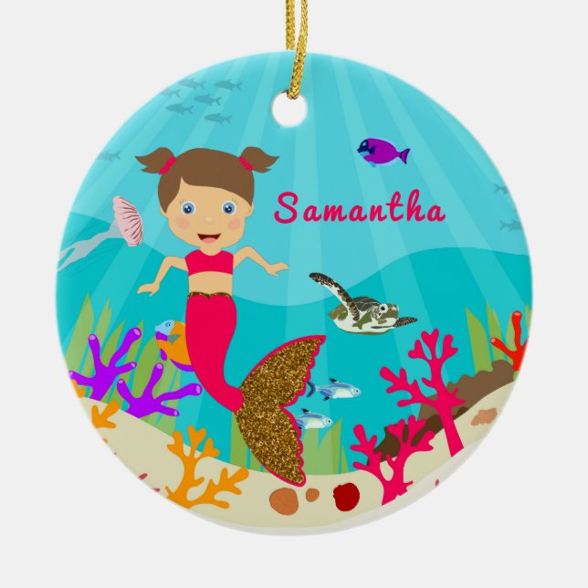 Cute Mermaid Girl in Colourful Ocean Ceramic Ornament (Front)