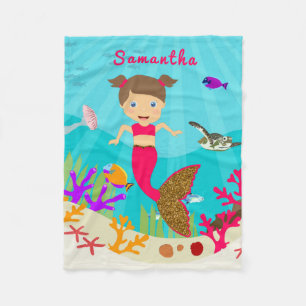 Cute Mermaid Girl in Colourful Ocean Fleece Blanket
