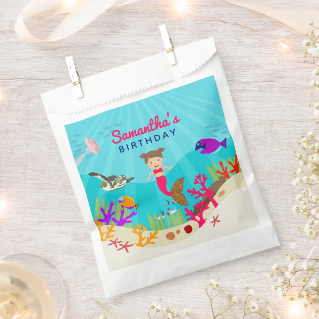 Cute Mermaid Girl in Colourful Ocean Girl Birthday Favour Bag (Clipped)