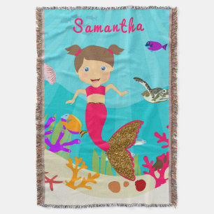 Cute Mermaid Girl in Colourful Ocean Throw Blanket