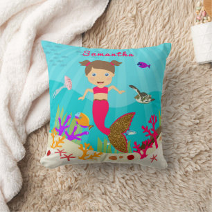 Cute Mermaid Girl in Colourful Ocean Throw Pillow