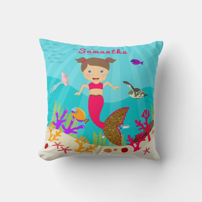 Cute Mermaid Girl in Colourful Ocean Throw Pillow (Front)