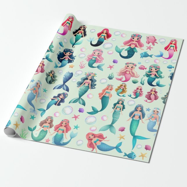 cute mermaid girls sealife fantasy fairytale art wrapping paper (Unrolled)