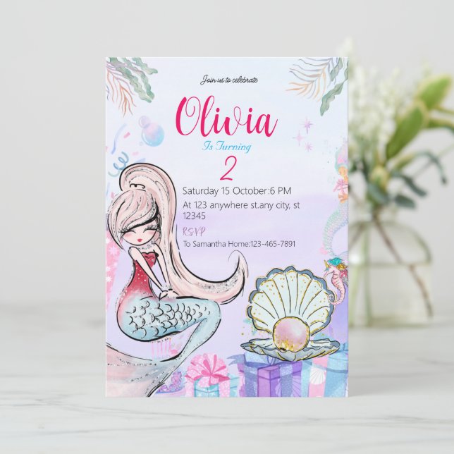 Cute Mermaid girly birthday Party Invitation (Standing Front)