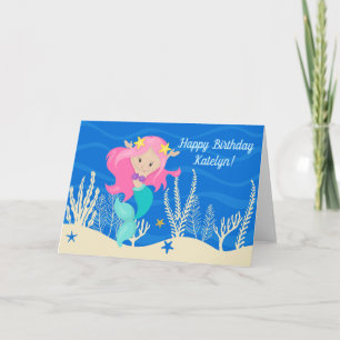 Cute Mermaid Happy Birthday Custom Kids Blue Card