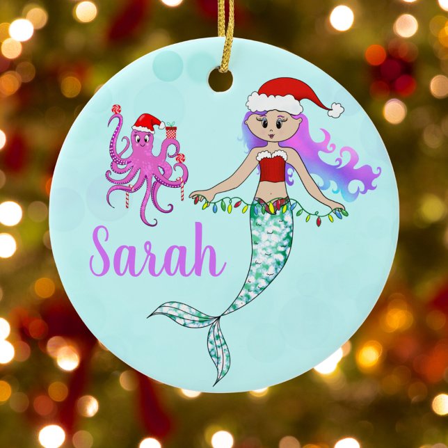 Cute Mermaid Holding Christmas Lights Name Ceramic Ornament (Creator Uploaded)